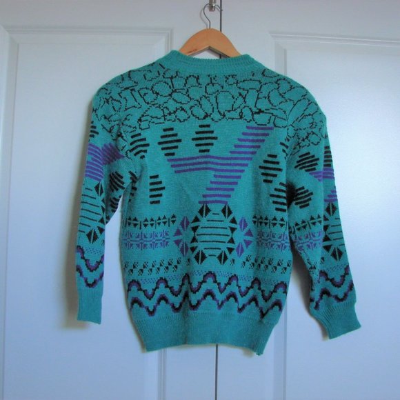 Vintage Green Purple Black Unbranded Geometric Shoulder Pads Crewneck Sweater - Picture 5 of 11